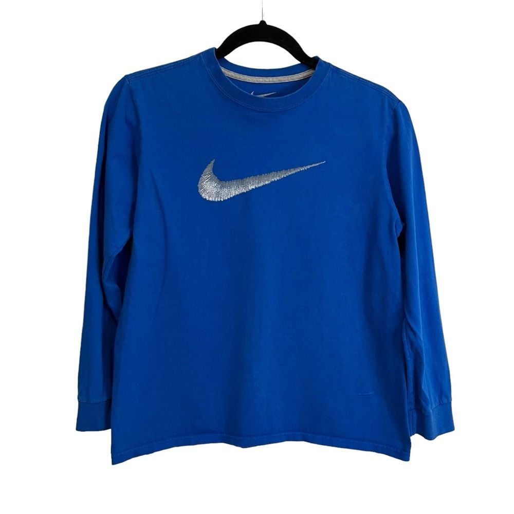 Nike Blue Gray Swoosh Logo Graphic Tee Shirt Long Sleeve Youth Boys Size L